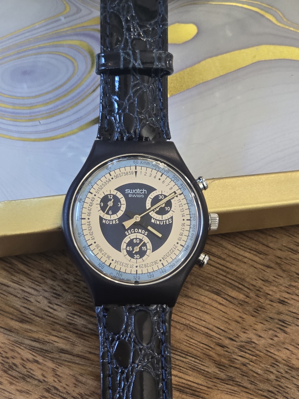 Swatch Swiss Black and Cream Chronograph Watch